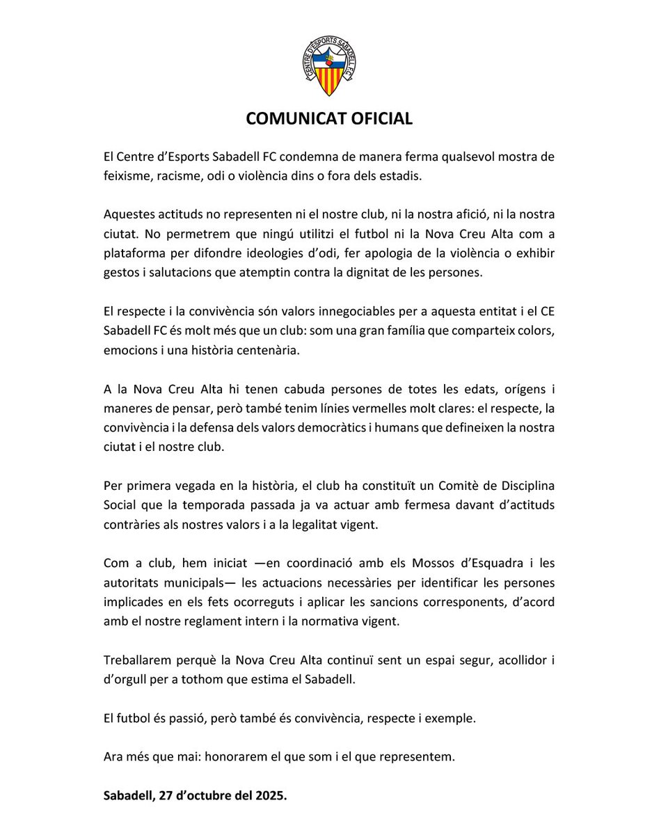 Aquest és el nostre <a href="/CESabadell/">CE Sabadell 🧅</a> 

Un club compromès amb els valors de la democràcia i en la lluita contra el feixisme 👇