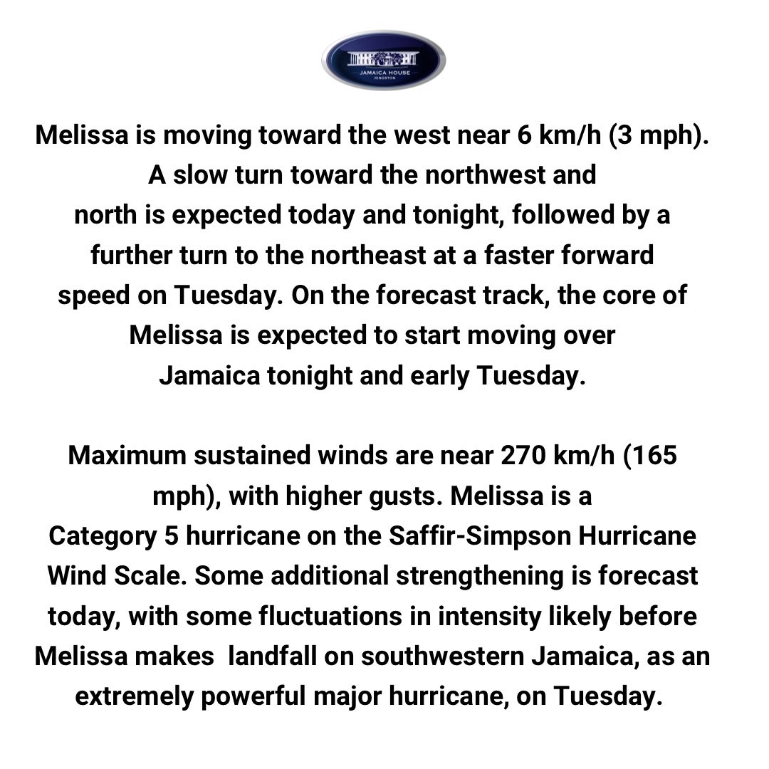 AndrewHolnessJM's tweet photo. A hurricane warning remains in effect for Jamaica…
Powerful Hurricane Melissa expected to turn towards the island. https://t.co/U3wFZmexcu