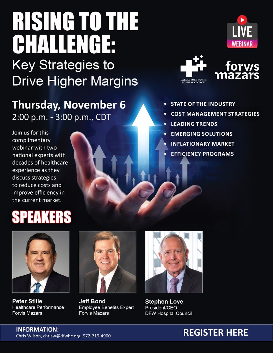<a href="/DFWHCouncil/">DFW Hospital Council</a> and <a href="/ForvisMazarsUS/">Forvis Mazars U.S.</a> to host "Strategies to Driver Higher Margins" webinar on Nov. 6! #healthcarefinance #healthcareindustry #educationalevent 
dfwhc.org/dfwhc-and-forv…