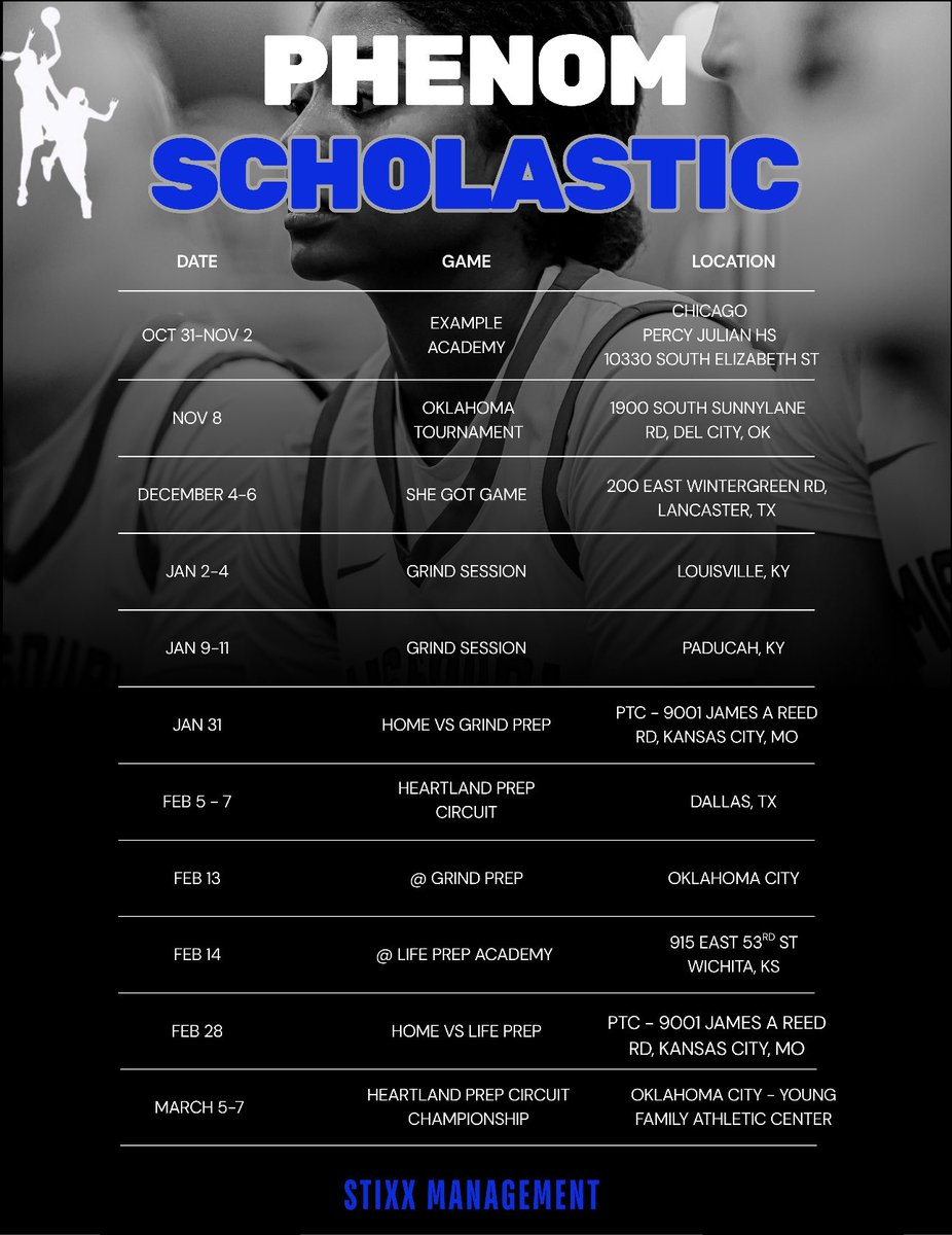MissouriPhenom's tweet photo. Phenom Scholastic Schedule Released!

We are traveling to play some of the top tier talent around the country. 

✈️ Chicago 
✈️ Oklahoma 
✈️ Texas 
✈️ Kentucky 

And more…

Stay Tuned… This will be fun https://t.co/g1PmvnCtlM