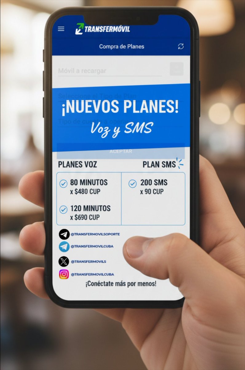 Ahora puedes adquirir mediante #Transfermóvil tres nuevos Planes: un Plan de SMS y dos Planes para Voz.

🆕Nuevo plan de SMS:
💬200 SMS por $ 90 CUP

🆕Nuevos planes para Voz:
🗣80 minutos por $ 480 CUP (6.00 CUP el minuto)
🗣120 minutos por $ 690 CUP (5.75 CUP el minuto)

1/3