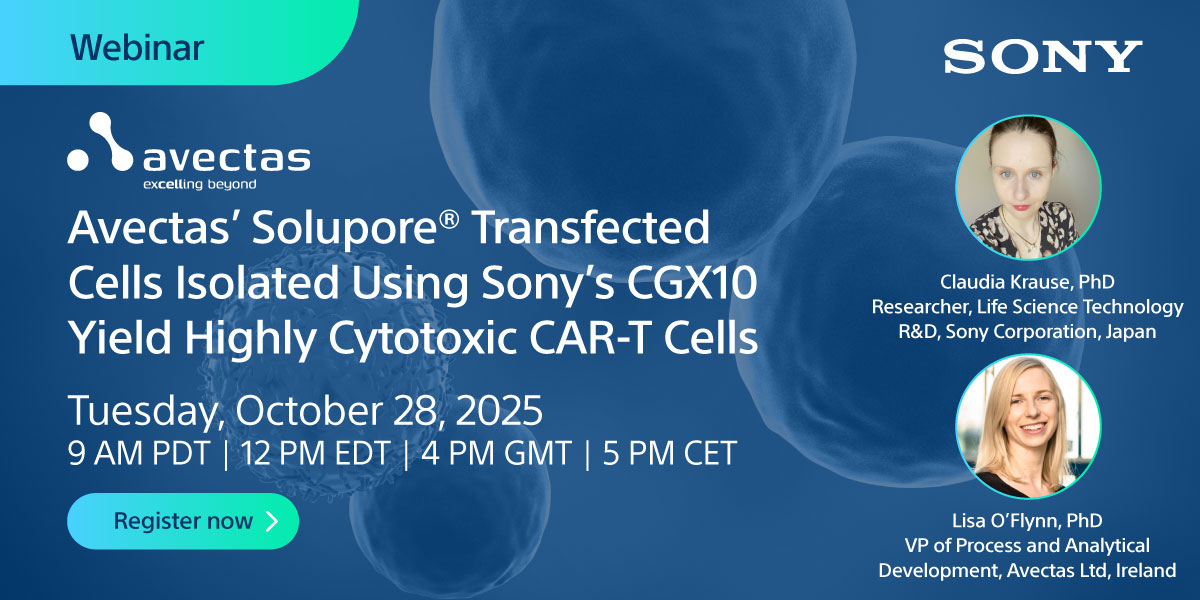 Get ready for a live webinar tomorrow featuring speakers from Sony R&amp;D &amp; Avectas on how Solupore® transfected cells, isolated using Sony’s #CGX10, generate highly cytotoxic CAR-T cells—advancing cell therapy manufacturing.

Register now ➣ ow.ly/3M8650Xf6wS
