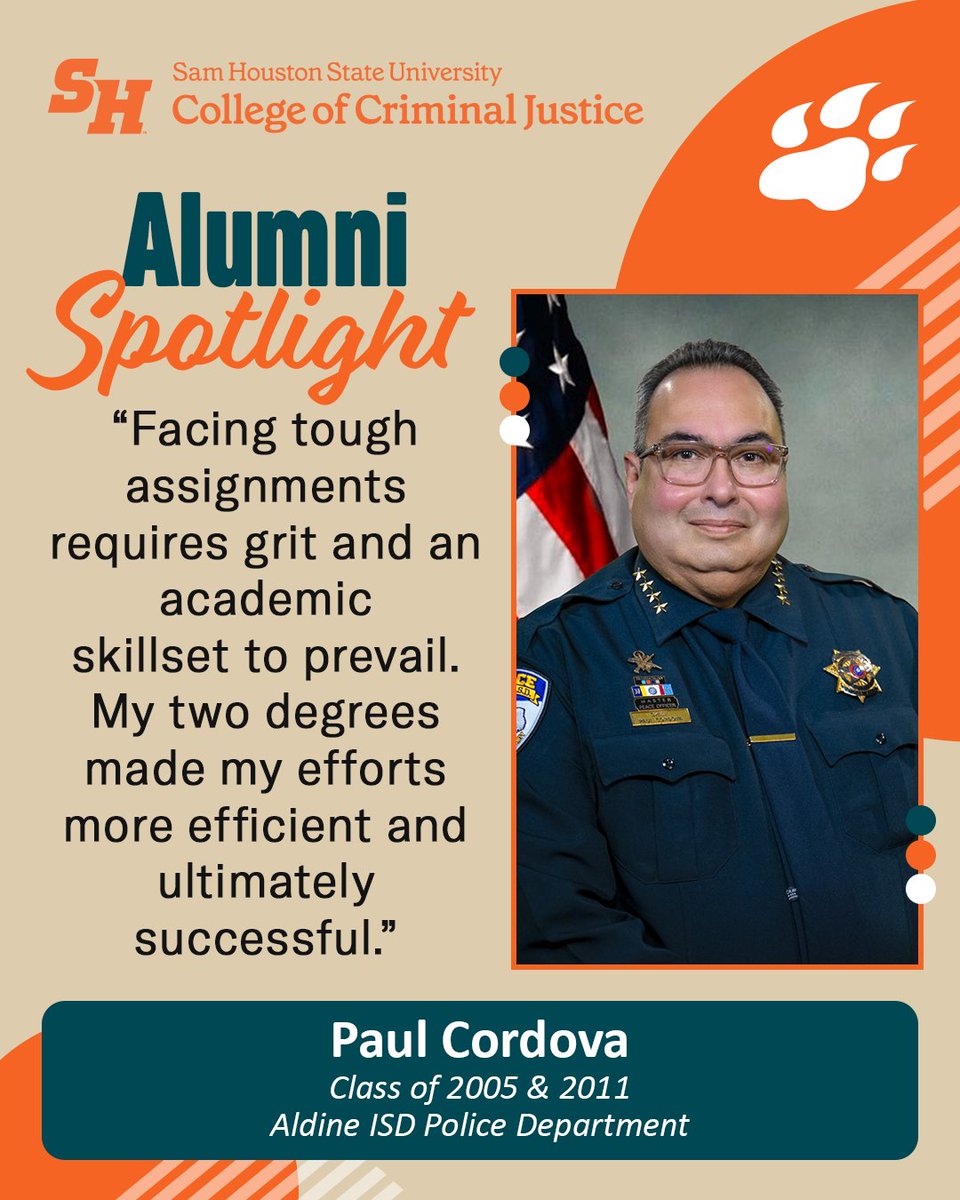SHSUCJ's tweet image. #AlumniSpotlight: Chief Paul Cordova, Class of 2005 &amp;amp; 2011

His advice to current graduate students...&quot;Don&apos;t give up when things seem overwhelming. One of the things that makes a master&apos;s degree so important is the ability to overcome adversity and come out a winner.&quot;

#SHSUCJ