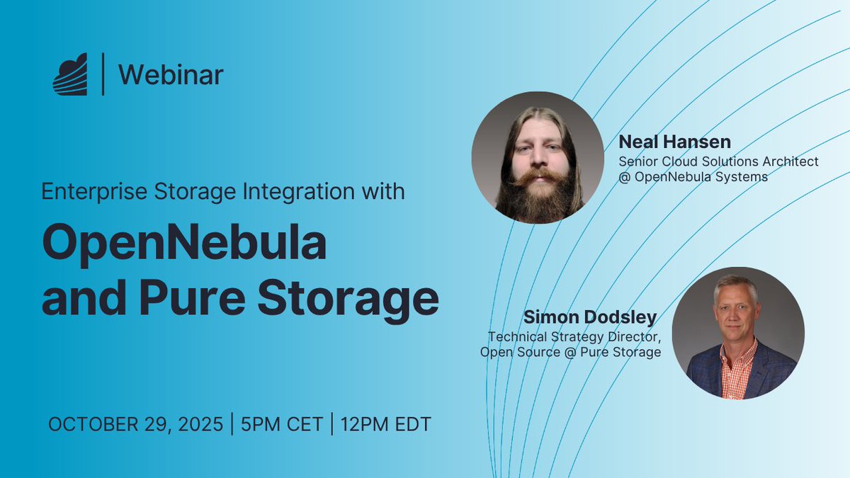 opennebula's tweet image. Register for the webinar to learn how OpenNebula, integrated with @PureStorage, delivers reliable, high-performance storage that lets you scale VMs, manage large datasets, and power high-demand workloads with ease.

👉 hubs.ly/Q03QfXnh0

#OpenNebula #PureStorage