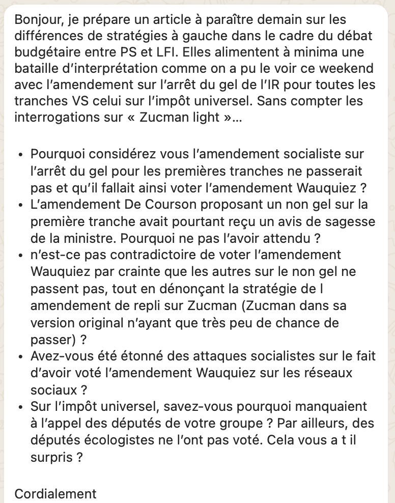 Un journaliste du <a href="/lemondefr/">Le Monde</a> m'interroge en reprenant les éléments de langage du Parti Socialiste. 

Je réponds donc publiquement afin que tout le monde puisse se rendre compte de la qualité du questionnement, ainsi que du sérieux du traitement par certains médias de notre
