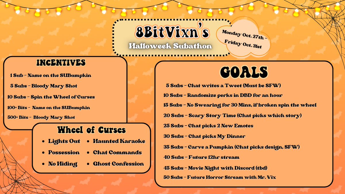 🎃Happy Halloweek🎃

We are kicking off the last week of October and celebrating all this week with a Halloween Subathon! I've got a lot of fun planned this week with some horror games, maybe some crafting in between, costumes, and some fun Sub Incentives! Who's ready to party?