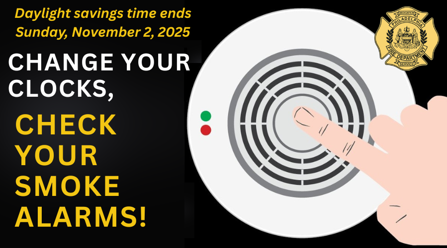 PhillyFireDept's tweet image. When you change your clocks back an hour this weekend, check your smoke alarms while you&apos;re at it! Press the button, listen for the beeps, &amp;amp; sleep soundly for that extra hour knowing your family is protected. Need smoke alarms? Call 311! #PFDstrongertogether