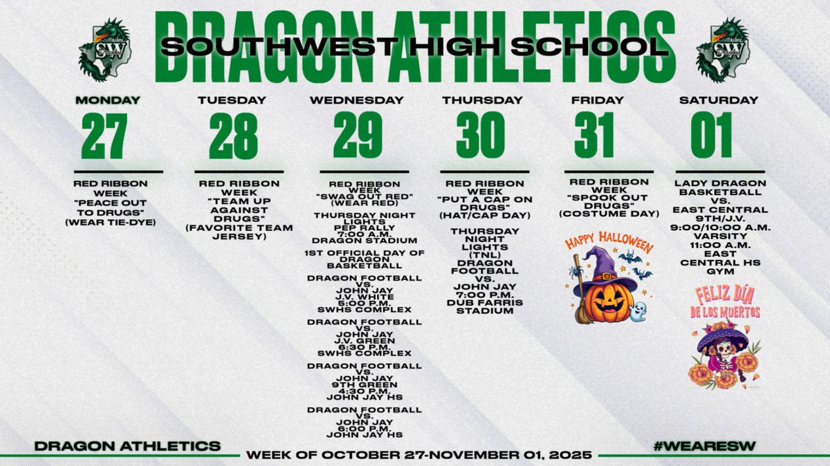 Dragon Nation...
The end of October brings Red Ribbon Week, Thursday Night Lights, and Halloween!

This week, Dragon Football takes on John Jay in the Thursday Night Lights Game of the Week!

Come out, show your spirit, and cheer on the Dragons at Dub Farris Stadium.

#WeAreSW