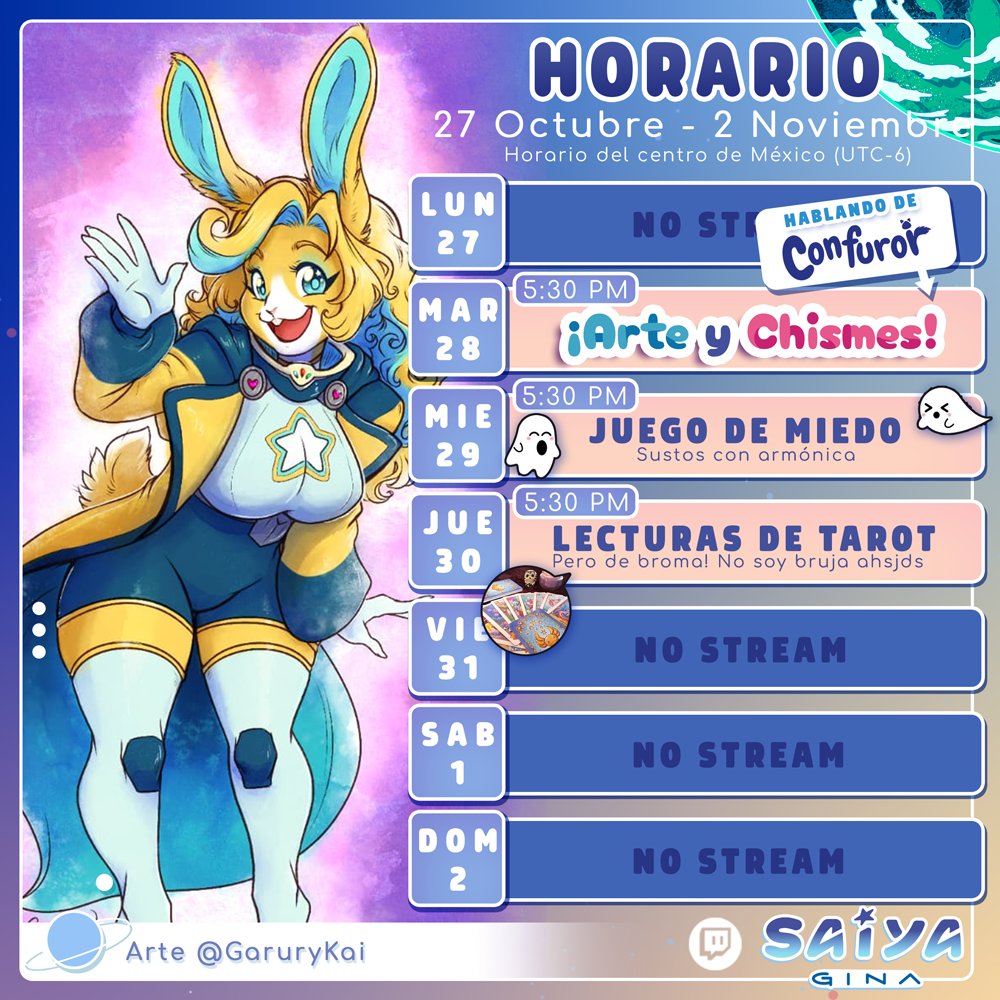 ⭐Nueva semana, nuevo horario⭐27 Oct - 2 Nov

Ya regresé de la Confuror y celebremos con ricos chismecitos! Ya mero se acaba Octubre pero tengo muchas ganas de asustarme y hacer lecturas de ajolotarot de broma para que pasemos un buen rato pre-halloween

Arte <a href="/GaruryKai/">Garu Tobluina 🌟</a>