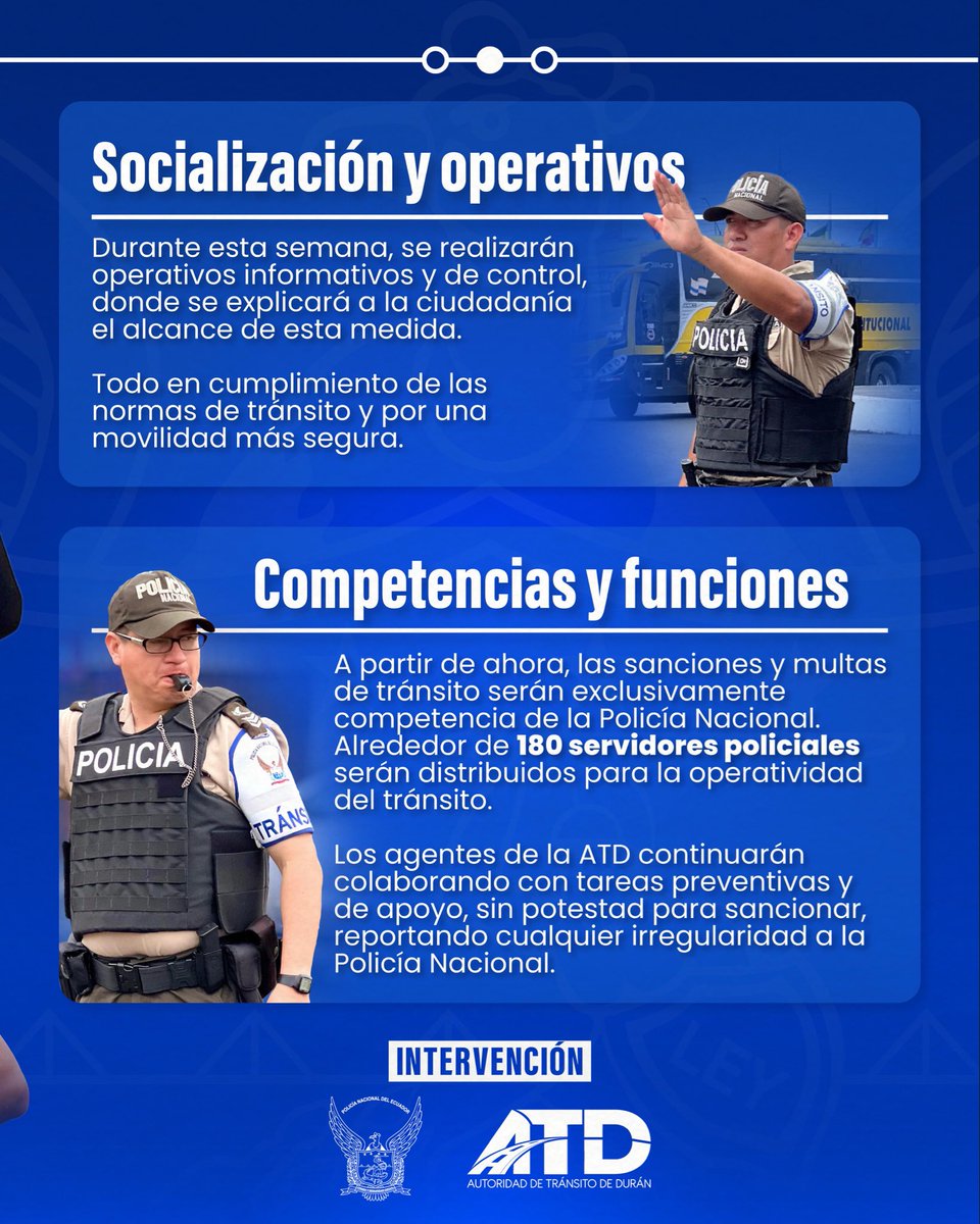 ATD_Duran's tweet photo. ¡Entérate Durán!

Con el propósito de fortalecer la seguridad y el orden vial en las calles de Durán, la @PoliciaEcuador asumió las competencias operativas del tránsito en el cantón.

#MovilidadSegura https://t.co/pR3xz7sNlM
