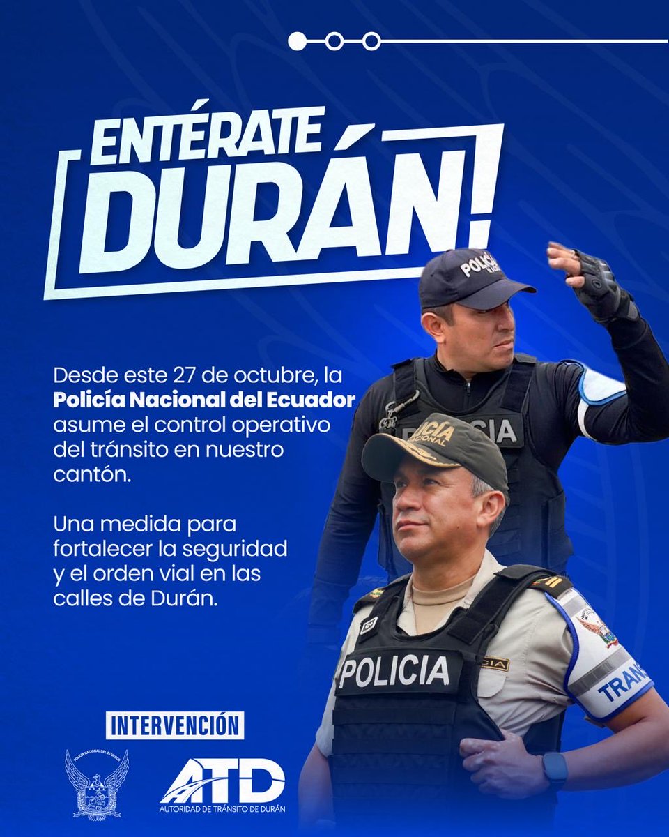 ATD_Duran's tweet photo. ¡Entérate Durán!

Con el propósito de fortalecer la seguridad y el orden vial en las calles de Durán, la @PoliciaEcuador asumió las competencias operativas del tránsito en el cantón.

#MovilidadSegura https://t.co/pR3xz7sNlM