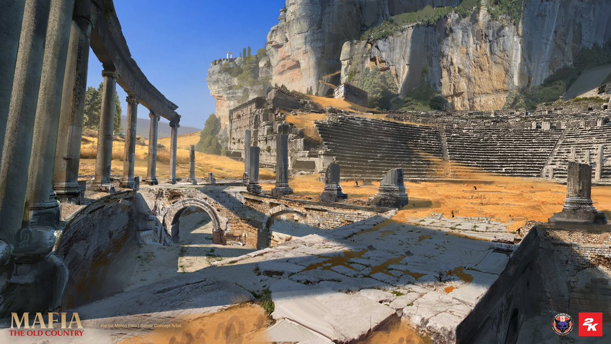 Hectormateopino's tweet photo. Lastly, I created this image to help visualise what the very start of the game mission would look like. 

In true videogame fashion, you get to see the very end point (the ruined pillars seen at the top left corner) of this level, and as you embark on it, you can't help but wonder what lies ahead. 

I remember spending some time getting the hue of the grass, dry after an entire summer receiving heat, right.

@mafiagame #conceptart #videogames