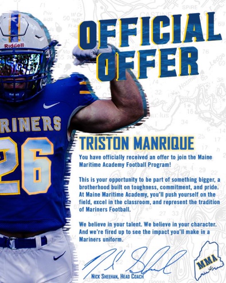 After a great conversation with Coach Anderson, I am blessed to receive an offer from Maine Maritime Academy!
<a href="/CoachA1Anderson/">Arnell Anderson</a> <a href="/OTHSFBDC/">Coach Foehrkalb</a> <a href="/OFallonFootball/">O'Fallon Football</a>