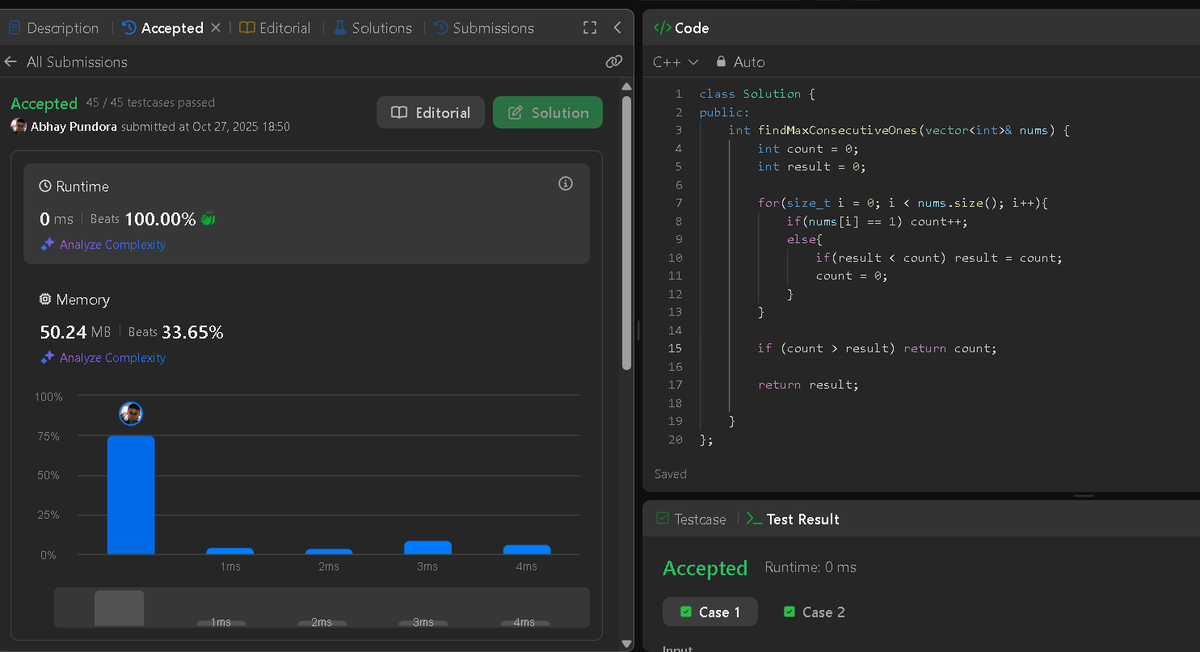 abhay_pundora's tweet photo. Day 14 of #100DaysOfDSA 💡
✅ Solved 2 problems on LeetCode:
⚡ Max Consecutive Ones
🔢 Missing Number
Step by step, getting more comfortable with problem-solving! 💪
#DSA #LeetCode #builtinpublic https://t.co/M2t0UBqeOh