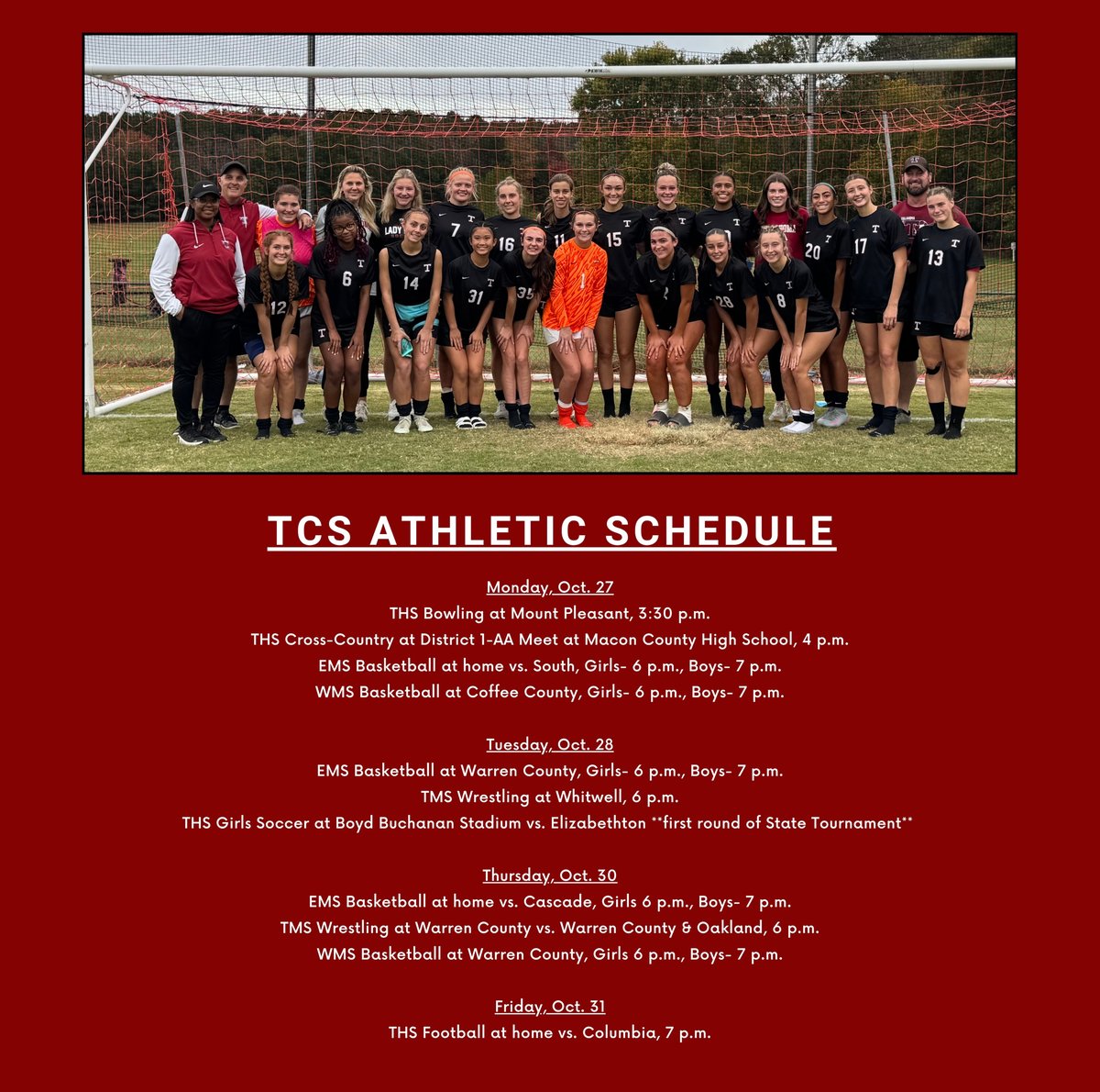 It's an exciting week for TCS Athletics, as the Tullahoma High School girls soccer team gets set to face Elizabethton in the first round of the Class AA State Tournament on Tuesday. Here is a full look at this week's athletic schedule.
