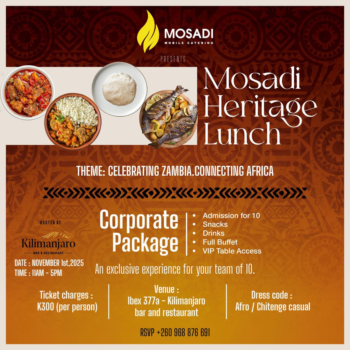 marthalunga1's tweet photo. Gather your team for a Heritage Saturday experience — a day of good food, culture, and community.
Join us in celebrating Zambia and supporting female-led businesses driving change across the country.
Sat, 1st November | 11AM–5PM | 📍 Kilimanjaro
For corporate RSVPs: 📞 0968876691 https://t.co/8DmGFSt4oX