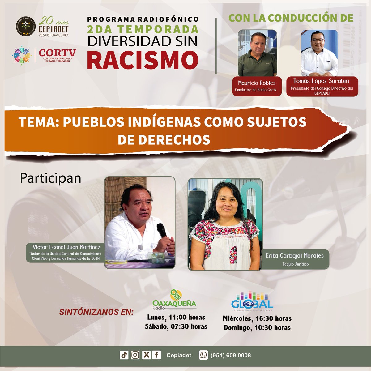 🎙️ Estrenamos la 2ª temporada de #DiversidadSinRacismo
Tema: Pueblos Indígenas como Sujetos de Derechos
📻 Oaxaqueña Radio
Lun 11:00 | Sáb 07:30
📻 Global 96.9 FM
Mié 16:30 | Dom 10:30
#NuestrosPueblosNuestrosDerechos #HablaTuLengua
<a href="/cortv/">CORTV</a>