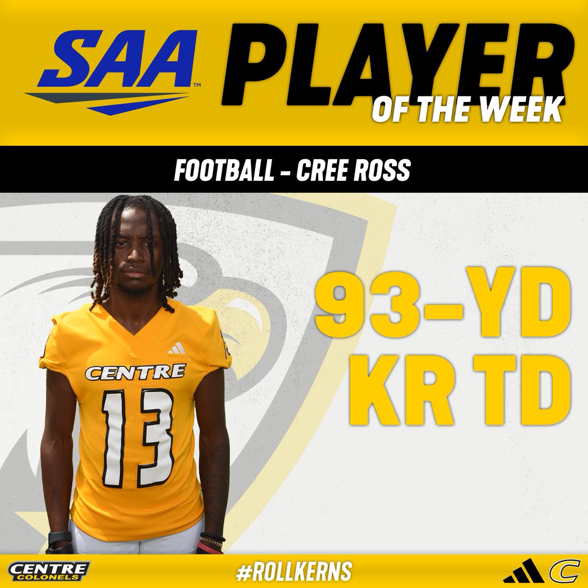 🏈 After his second kickoff return touchdown of the season, <a href="/CentreFootball/">Centre College Football</a>'s Cree Ross has been named SAA Special Teams Player of the Week once again! #RollKerns centrecolonels.com/news/2025/10/2…
