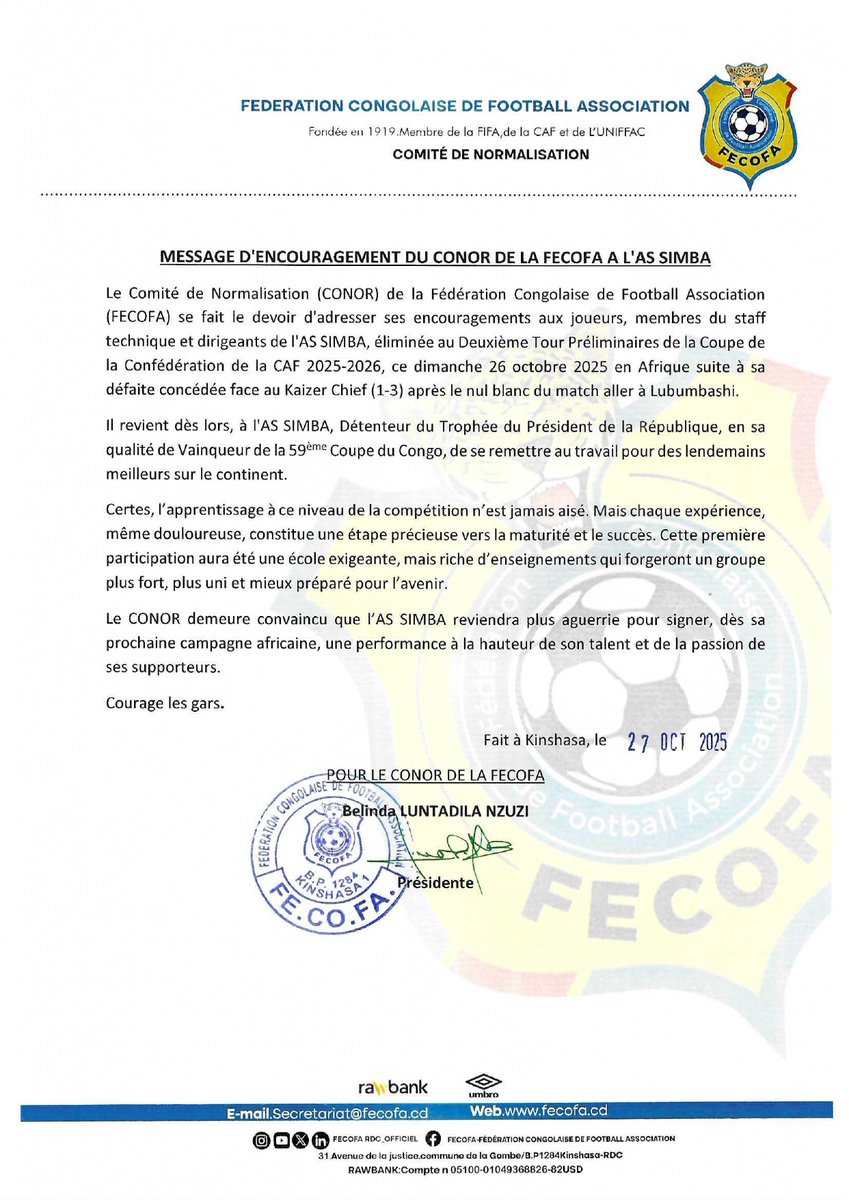 FecofaRdc's tweet photo. [🏆𝗜𝗻𝘁𝗲𝗿𝗰𝗹𝘂𝗯𝘀 𝗱𝗲 𝗹𝗮 𝗖𝗔𝗙 2025-2026]  

ℹ️Le CONOR adresse un message d'encouragement à l'AS Simba, éliminée au Second Tour Préliminaire de la #TotalEnergiesCAFCC 

#FecofaRdc #ASSimba https://t.co/9H0lRyWGcp