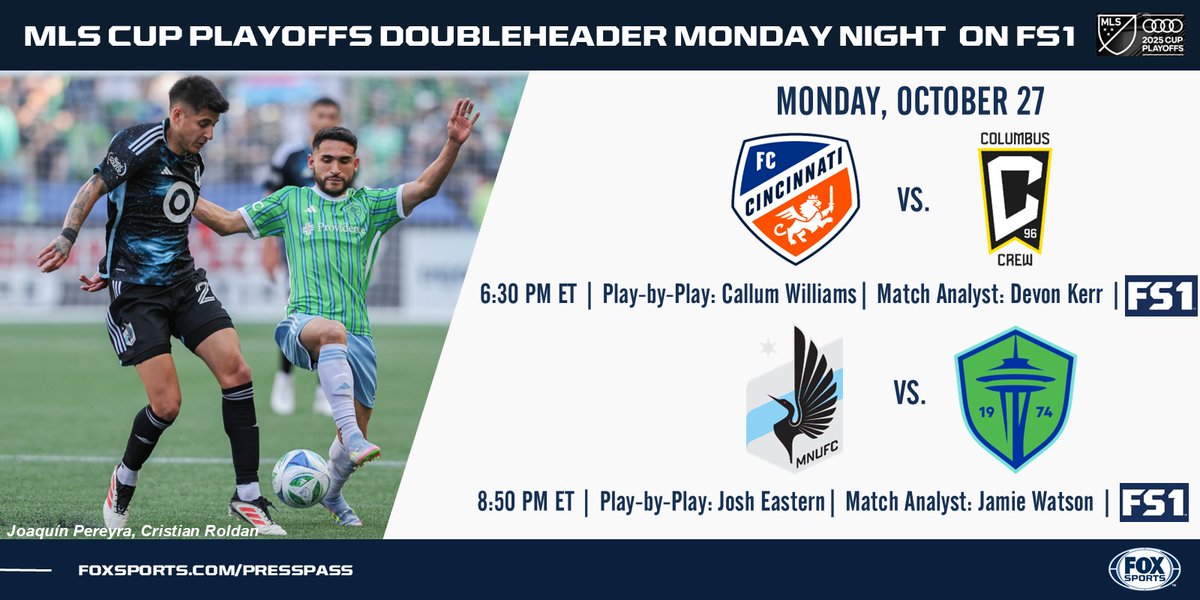 FOXSportsPR's tweet image. The @MLS Cup Playoffs continue tonight at 6:30 PM ET on @FS1 with a first-round doubleheader featuring @fccincinnati vs. @ColumbusCrew and @MNUFC vs. @SoundersFC. ⚽️📺⤵️