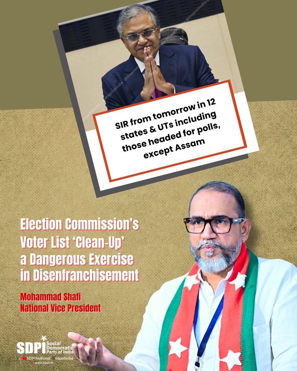 MdShafi_SDPI's tweet photo. SDPI strongly condemns the @ECISVEEP  so-called Special Intensive Revision of electoral rolls starting Nov 4. Behind the claim of “error-free” lists lies a sinister attempt to manipulate voters and disenfranchise millions of marginalized citizens. #SDPI #DemocracyUnderThreat https://t.co/yHPdxcKpt6