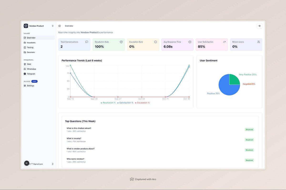 hopperboy23's tweet image. You definitely want to use @issueiqhq, trust me. 
This overview dashboard shows:
• where users struggle with your product
• gaps in your data sources
• user satisfaction trends
all powered by real interactions between your users and the issueIQ bot. 
v2 drops soon.