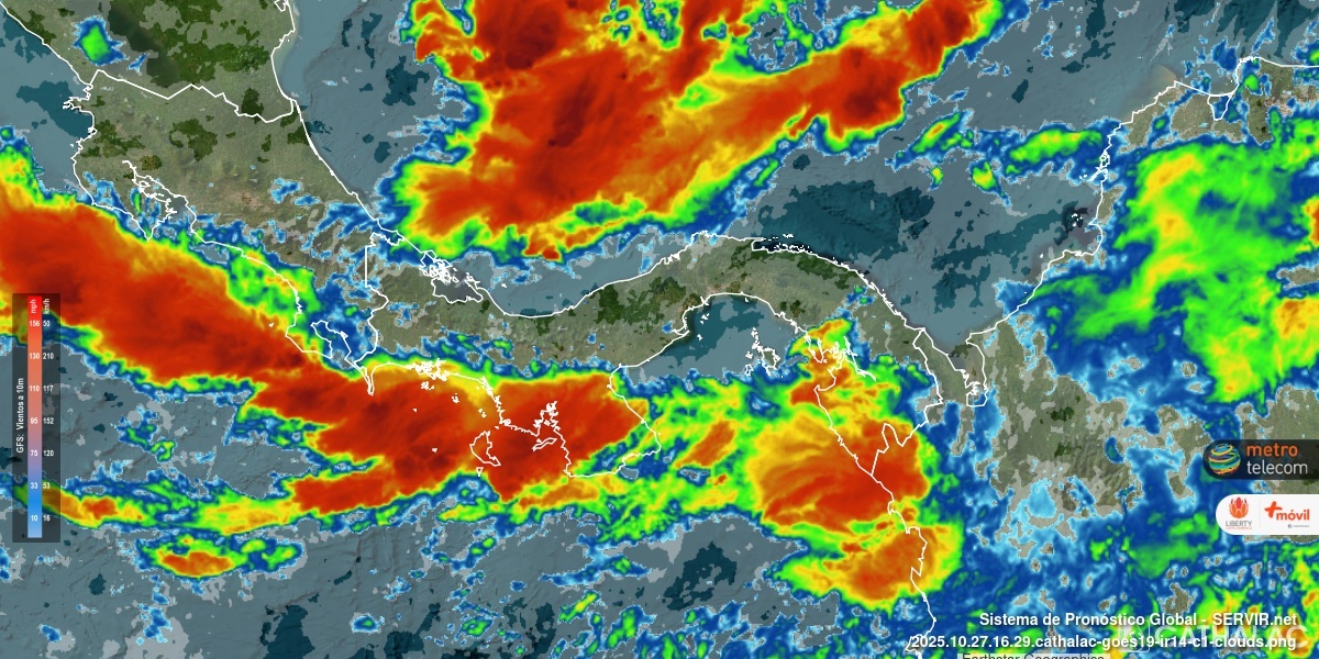Imagen de satélite GOES infrarrojo para Panamá 🇵🇦 y Costa Rica 🇨🇷 - #CATHALAC #meteo #tiempo #clima - bit.ly/1jdfCr4