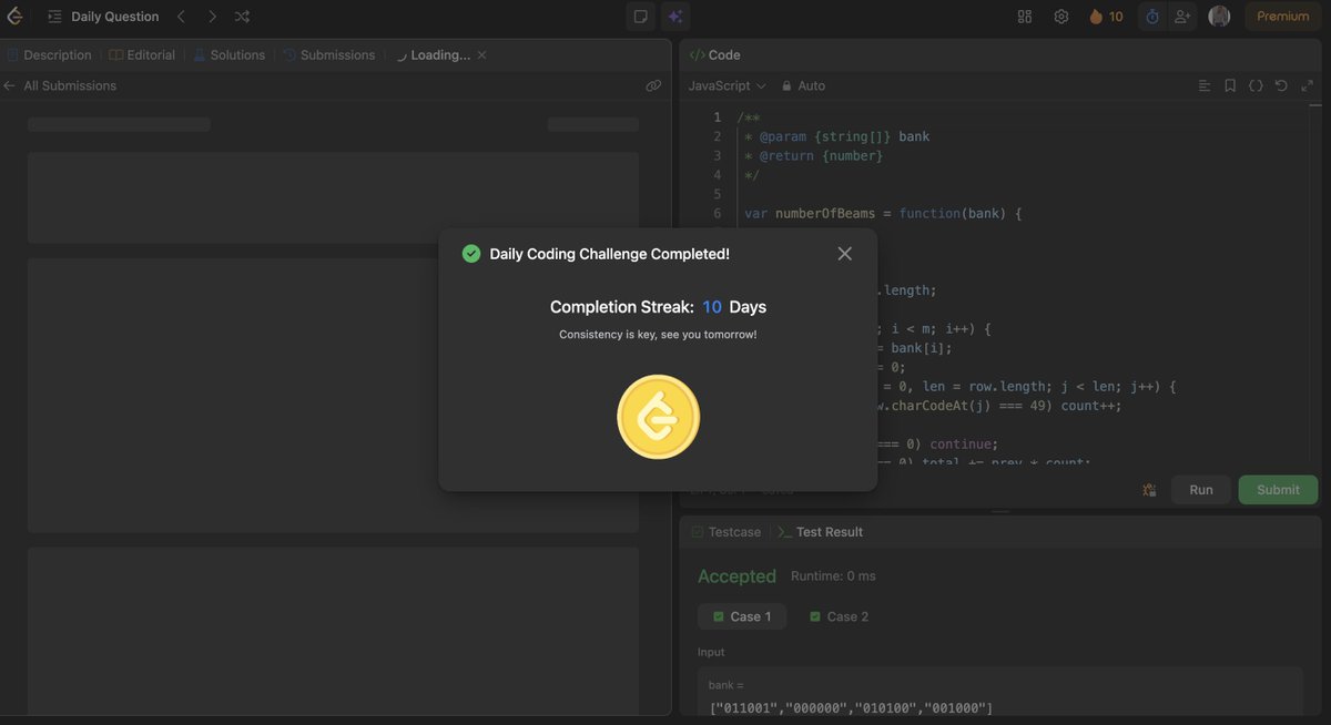 rahuls25398's tweet photo. Day 99/100 of #100DaysOfCode 💻
#Leetcode kept crashing the entire evening 😩 but I still managed to submit today’s POTD — Number of Beams.
Wanted to do more greedy problems but hey, consistency won today 💪
Even when the system fails, don’t let your discipline fail.
#JS #DSA https://t.co/9sx3bbRMSg