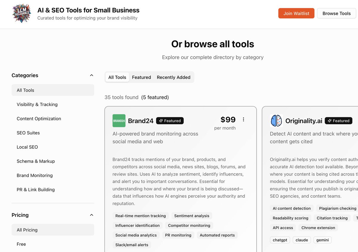 nicholaspatten's tweet image. Making progress on llmrelevance.com 

Added the logos, more detailed pages, etc. You can now submit your own tool.

The overall goal is to provide a simple directory and playbook that a small business owner can follow without all the noise.

#buildinpublic #llmrelevance