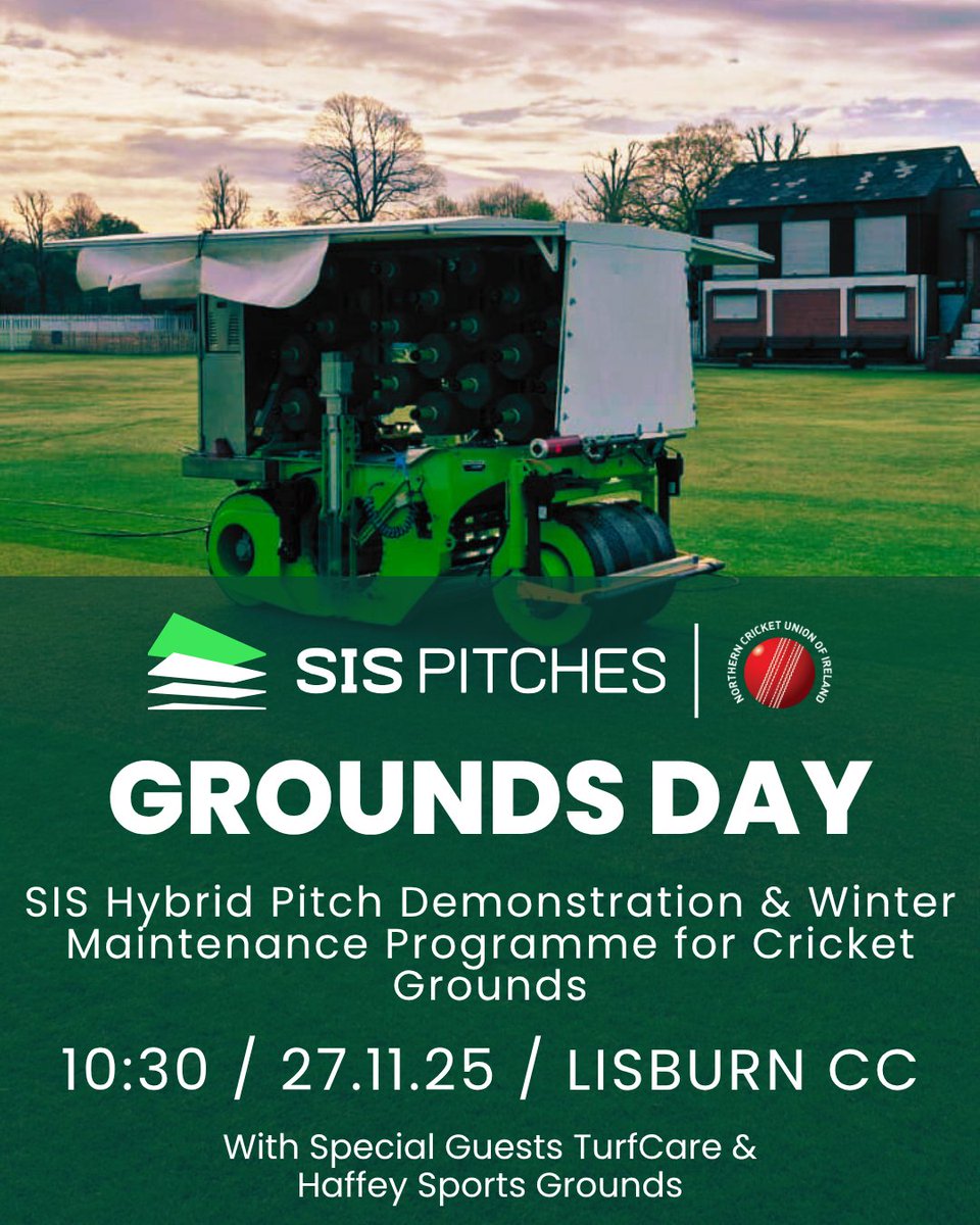 FREE SIS Hybrid Pitch Demo Day &amp; Winter Maintenance Programme

📍 Lisburn CC, Wallace Park | 📅 27 Nov 2025

With SIS Pitches, NCU Grounds Team, Haffey Sports Grounds &amp; TurfCare

Itinerary
10:00 – Free Bacon bap &amp; coffee
10:30 – Welcome + SIS demo
11:30 – Winter maintenance talks