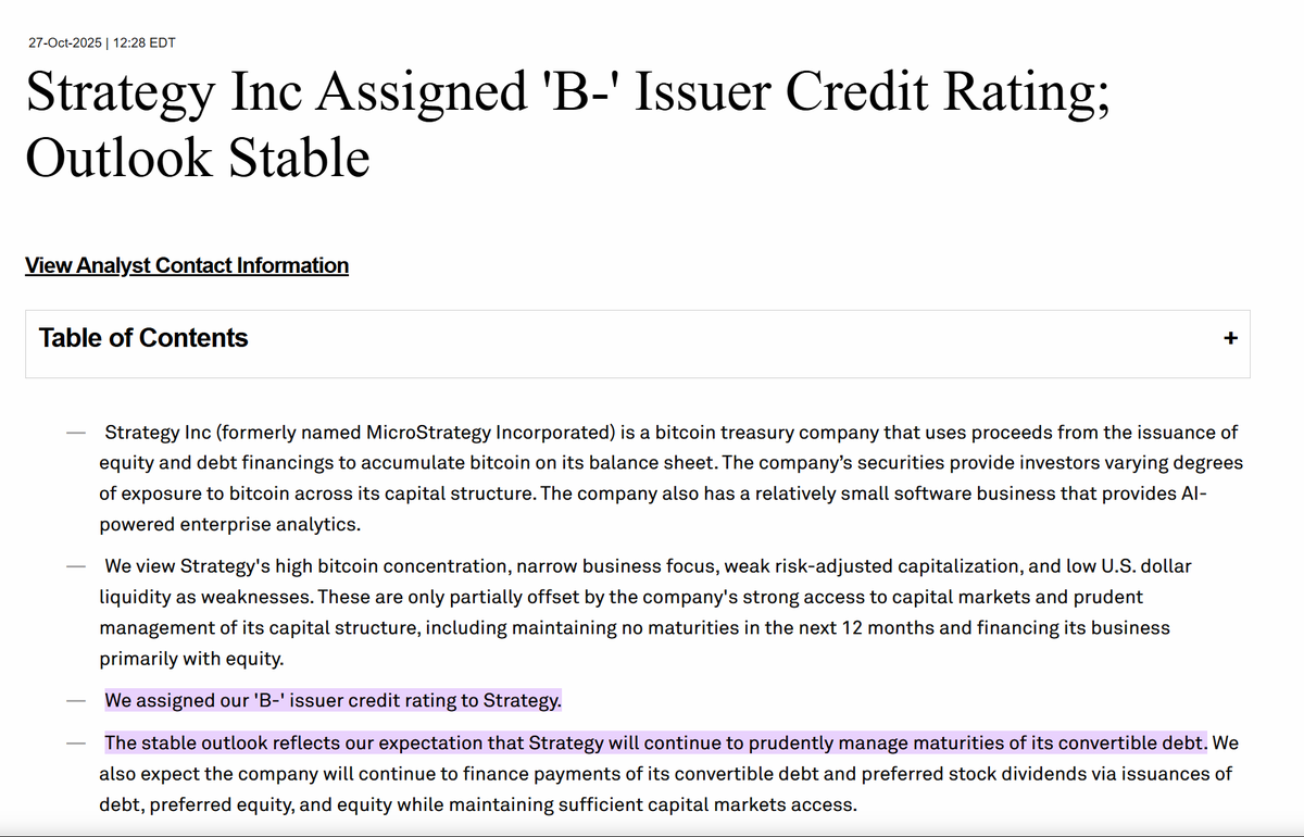 AdamBLiv's tweet photo. 🚨BREAKING: STRATEGY GIVEN FIRST CREDIT RATING BY S&P GLOBAL🚨

Strategy has been given a B- rating.

This is the first known time a publicly traded Bitcoin Treasury Company has been formally rated as such, based primarily on its Bitcoin-based capital structure.

BUT, a B- RATING is RIDICULOUS.

B- is JUNK STATUS.

Therefore, we continue to see that this company is INCREDIBLY MISUNDERSTOOD.

They are flagging HIGH BITCOIN CONCENTRATION as a red flag, when in reality Bitcoin is the LEAST RISKY asset. 

But you all know that.

They have 640,808 Bitcoin. $74 BILLION WORTH.

Let's compare this balance sheet to another B- company for example: JetBlue.

JetBlue currently has a ~15× debt/EBITDA, multi‐billions of NEGATIVE free cash flow, high operational leverage, and somehow that warrants the exact same B- rating.

Strategy Inc: large, extremely liquid reserve asset (Bitcoin), lower maturities in the next 12 months (as the rating agency noted), business model focused on treasury accumulation rather than operating margin risk. 

Yet same B- rating.

If this is the standard for B-, then either Strategy is being undervalued risk‐wise, or rating agencies are applying outdated operating business models to Bitcoin‐treasury firms.

Reality: Other B- companies have MORE leverage, NEGATIVE cash flow, and tremendous levels of physical/operational risk.

Hertz, the car rental company, went bankrupt this decade, 

In addition Hertz carries $16.3B of debt and burned $1.77B of adjusted free cash flow in 2024, yet sits in the B- zip code.

HERTZ HAS A $1.62 BILLION MARKET CAP WITH $16.3 BILLION OF DEBT.

STRATEGY HAS AN $85 BILLION MARKET CAP WITH $8.2 BILLION OF DEBT.

52.4x the valuation with HALF the outstanding debt.

SAME RATING.

THE RISK MODELS ARE NOT CALIBRATED TO REALITY.