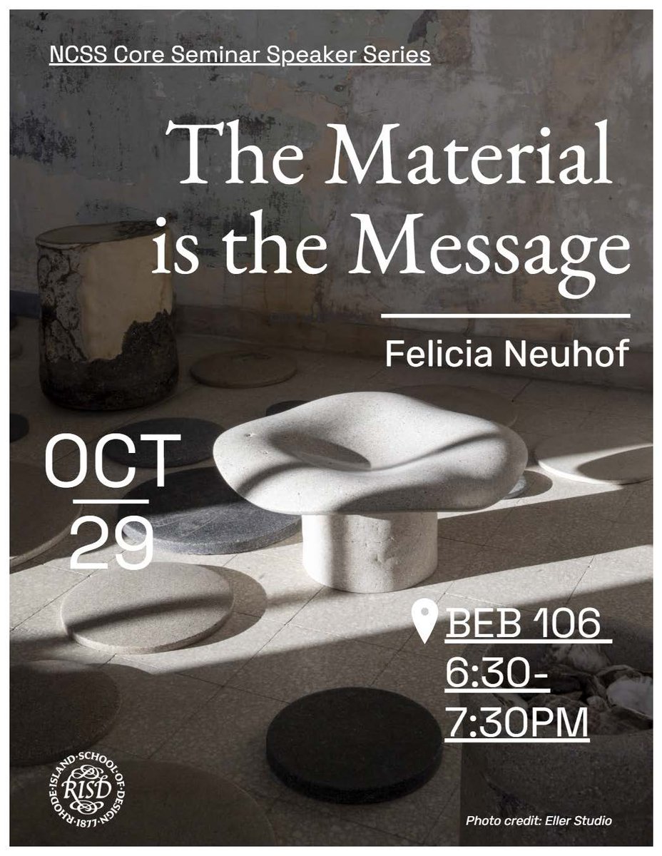 RISDLiberalArts's tweet image. EVENT TODAY: NCSS Lecture Series: Felicia Neuhof - The Material is the Message | 6:30pm | BEB 106
involved.risd.edu/event/11805471