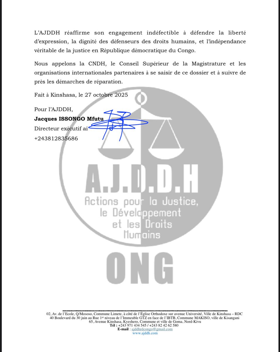 #Kisangani 

Acquittement du défenseur des Droits Humains et notre directeur exécutif <a href="/jedidia_mabela/">Jedidia Mabela</a> : Nous exigeons réparation
#justice