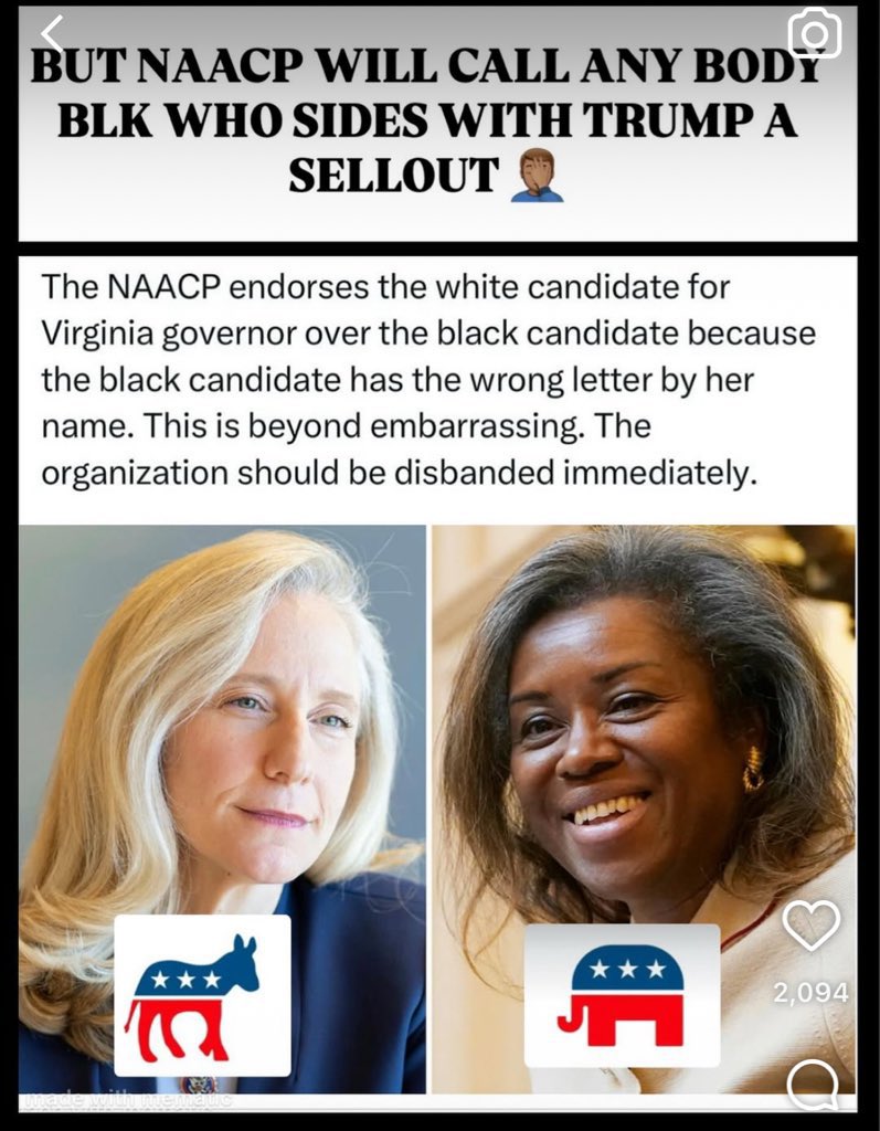 DigitalDaisyX's tweet image. 🚨 The NAACP has officially endorsed a liberal white woman rather than the conservative Black woman campaigning for Virginia governor.

You can’t make this stuff up. 

🎥: @WellsJorda89710