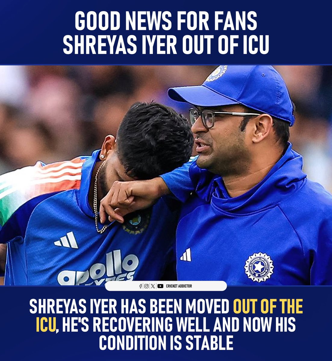 🚨 GOOD NEWS FOR FANS - SHREYAS IYER OUT OF ICU 🚨

- Shreyas Iyer has been moved out of the ICU, he's recovering well and Now his condition is stable. (Cricbuzz).