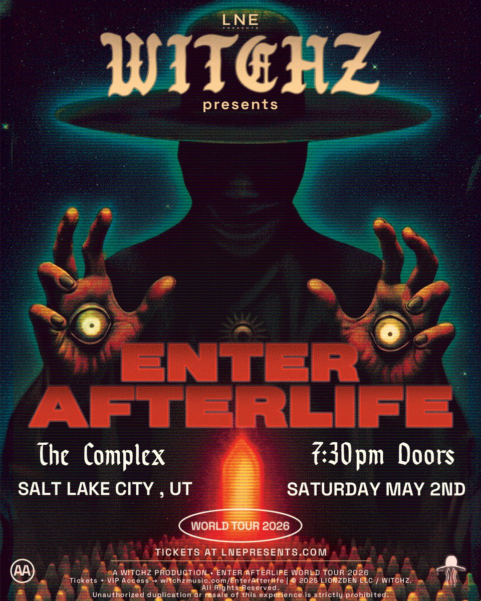 lnepresents's tweet image. NEW SHOW GIVEAWAY🚨

@witchzmusic presents ENTER AFTERLIFE World Tour 2026 at The Complex📍MAY 2ND! 

Enter for your chance to WIN (4) Tickets⬇️
arep.co/p/witchz26

GOOD LUCK🏆 

Save the date🔊 

#LNE #WITCHZ #ComplexSLC