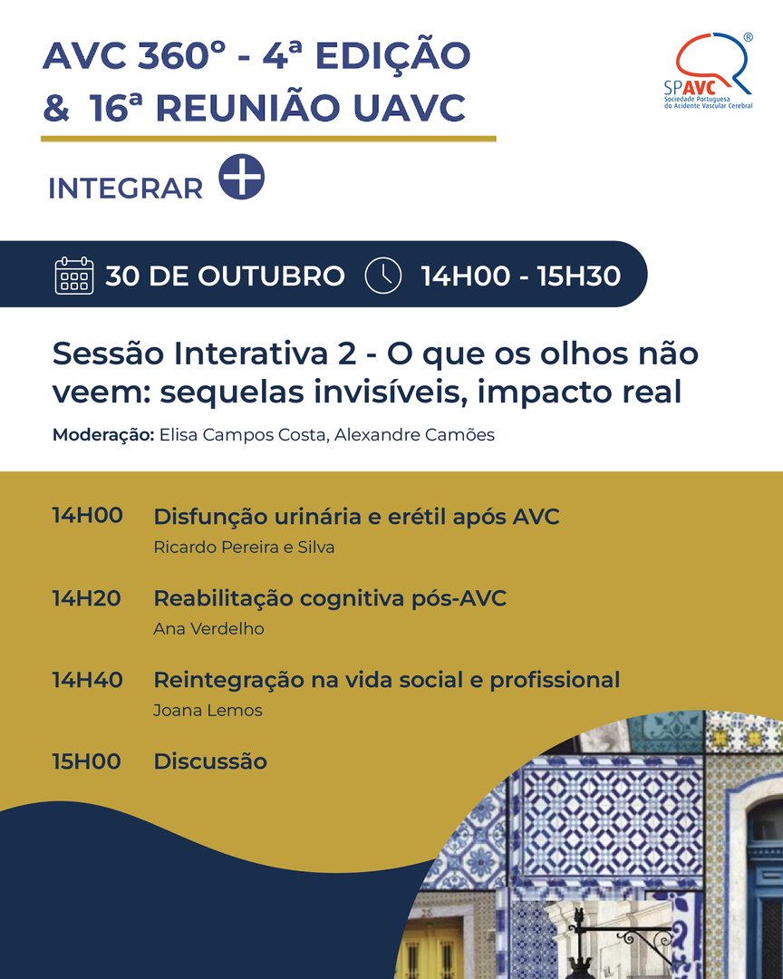 SPAVC_pt's tweet image. 🗓️​A “Sessão Interativa 2 – O que os olhos não veem: sequelas invisíveis, impacto real” será moderada pela Dr.ª Elisa Campos Costa, em conjunto com o Dr. Alexandre Camões, e promete trazer à discussão aspetos importantes para a prática clínica.

#SPAVC #Integrar+