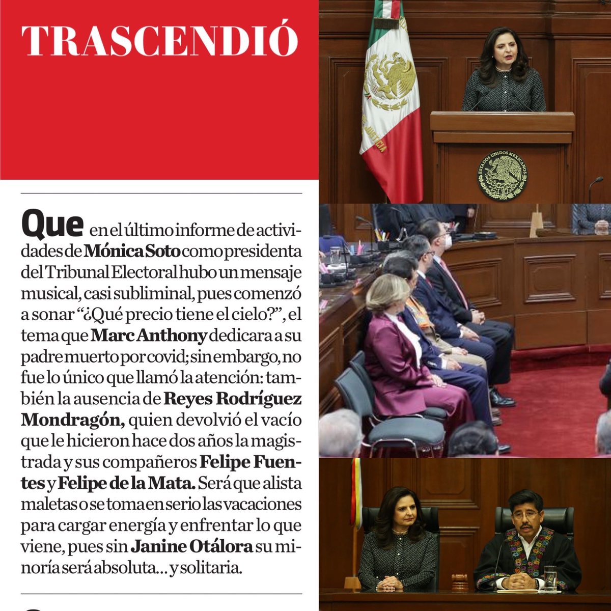 🖋️#Trascendió
Que la pregunta de Marc Anthony "¿Qué precio tiene el cielo?", entre esos integrantes del PJ, pareció más mensaje subliminal que musical.

Mientras Reyes le devolvió el vacío a Mónica o de plano está cargando fuerzas para la minoría solitaria que se le viene.👇