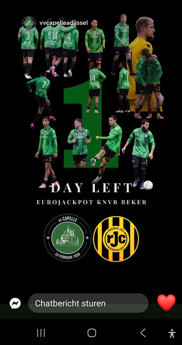 ⚽️💚🖤⚽️💚🏆🖤⚽️💚🖤⚽️
🗓️ Dinsdag  28 oktober 
🆚  <a href="/vv_capelle/">V.V. Capelle</a> - <a href="/RodaJCKerkrade/">Roda JC Kerkrade</a> 
🏆 <a href="/knvbbeker/">KNVB Beker</a> <a href="/EuroJackpot_NL/">Eurojackpot NL</a> 
🏟️ Sportpark ‘t slot 
📌 Capelle aan den IJssel  
🕟 20:00