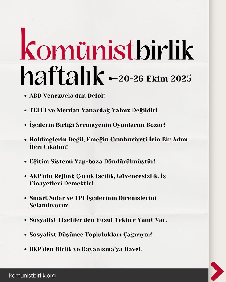 Haftanın önemli gelişmelerini değerlendirdiğimiz 'Komünist Birlik Haftalık' bülteni üçüncü sayısıyla yayında.

📌Komünist Birlik Haftalık 20-26 Ekim 2025

🔗 Bültenin tamamına ulaşmak için:
komunistbirlik.org/2025/10/27/kom…