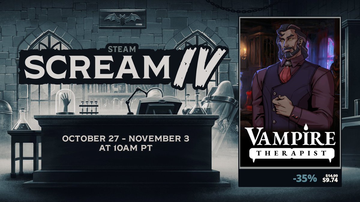 Trick, treat, or therapy? 🎃
Vampire Therapist is 35% off during the Steam Scream Sale 🧛‍♂️
Offer ends November 3! 
Link in bio🦇