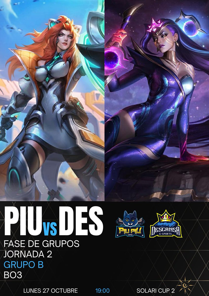 Hoy tenemos doble partido en la SOLARI CUP 2!

PiuaPiu dejó muy buenas sensaciones en la primera jornada y buscarán seguir así. Descansa E-Sports perdió su primer partido y quieren dar un golpe en la mesa.

⚔️ <a href="/PIUPIUteam/">PIU PIU</a> VS Descansa E-Sports 
🕒 19:00 / Grupo B / Jornada 2 - Bo3