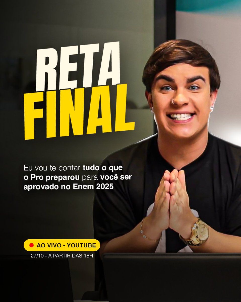 É HOJEEEEEEEE!😍🤩

A maior revisão pro Enem começa hoje, e, para você tirar aquele notão, tem que fazer parte dessa festa! Serão 3 semanas com mais de 100 horas sobre tuuudo o que vai cair na sua prova.

Chama geral e vem com o Pro!✨🫰🏼
youtube.com/watch?v=tXlWcE…