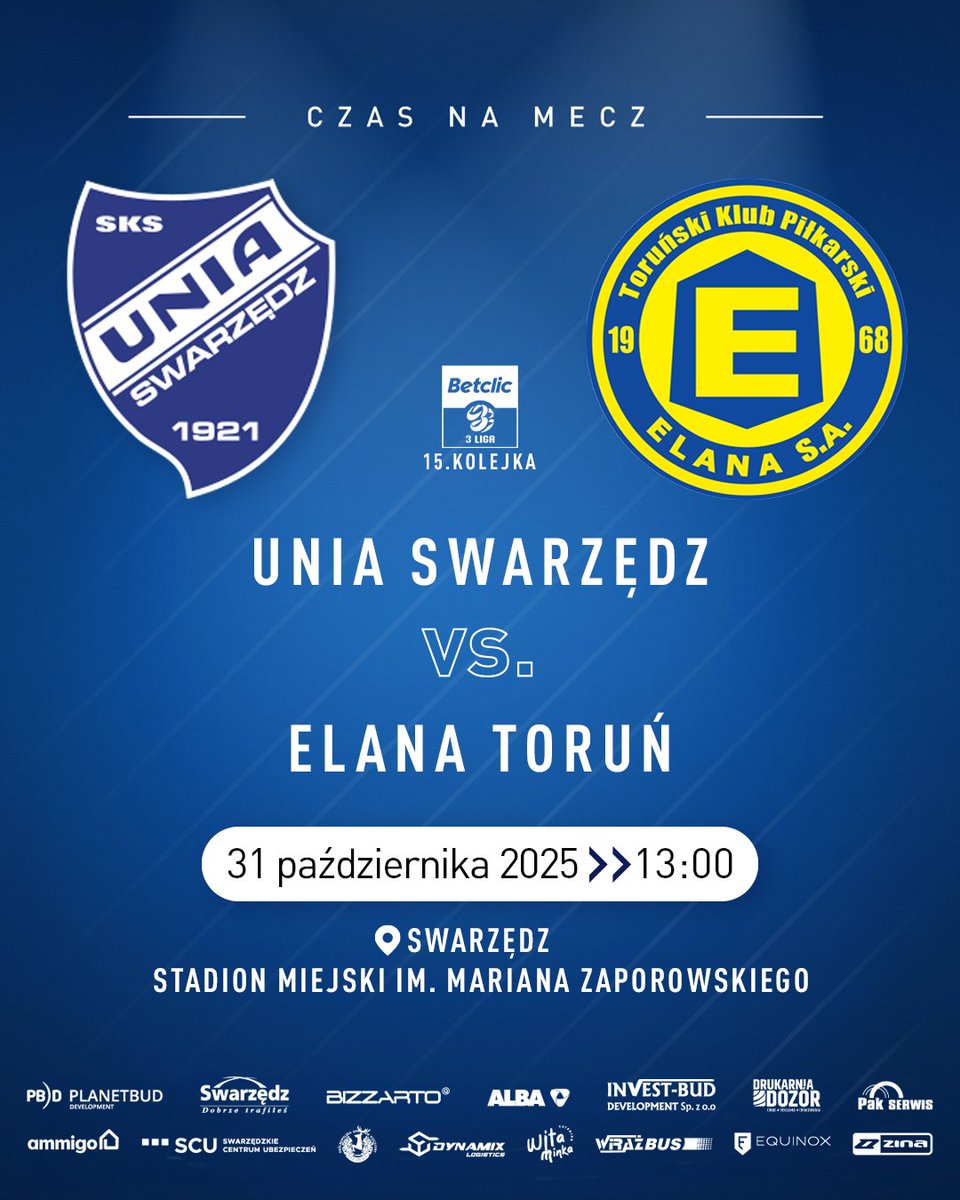 🔥 𝗗𝗭𝗜𝗘Ń 𝗠𝗘𝗖𝗭𝗢𝗪𝗬! ⚽️
🆚 Elana Toruń
📊 15.kolejka Betclic 3 Ligi
⏰ 13:00
🏟️ Swarzędz, Stadion Miejski im. Mariana Zaporowskiego
🎟️ Bilet 15 zł