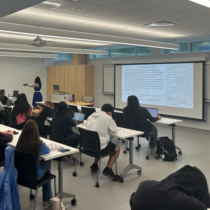 NewEngCollege's tweet photo. Recently, students from #PinkertonAcademy visited Professor Kathy Simon’s course at New England College to take part in group project work with our Community #MentalHealth students. 🧠 #Education #College