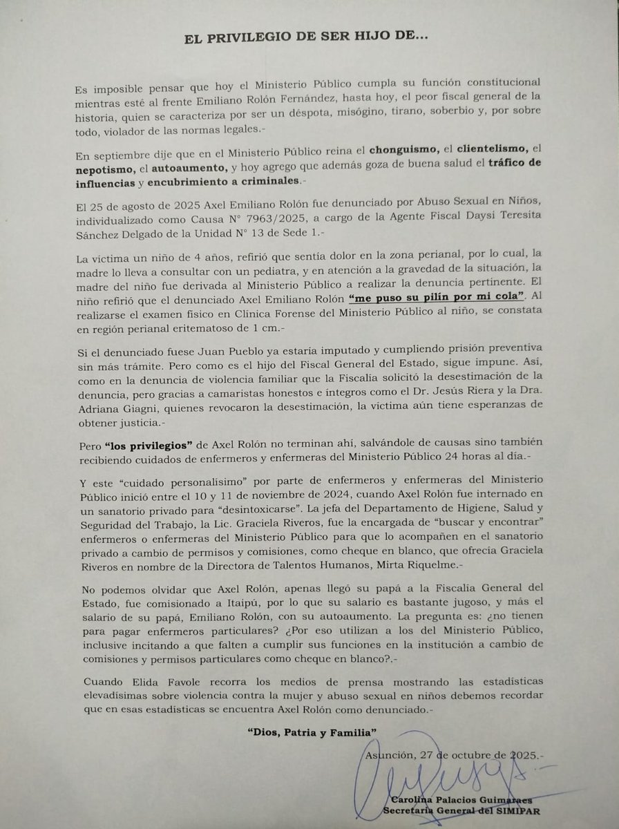 📍#ATENCIÓN: Sindicalista denuncia a Fiscal General del Estado por proteger a su hijo acusado de "Abuso Sexual en Niños"

🚨 Mediante un comunicado emitido este 27 de octubre de 2025, Carolina Palacios, Secretaria General del <a href="/SIMIPAR_OFICIAL/">SIMIPAR</a>, acusó al Fiscal General del Estado,