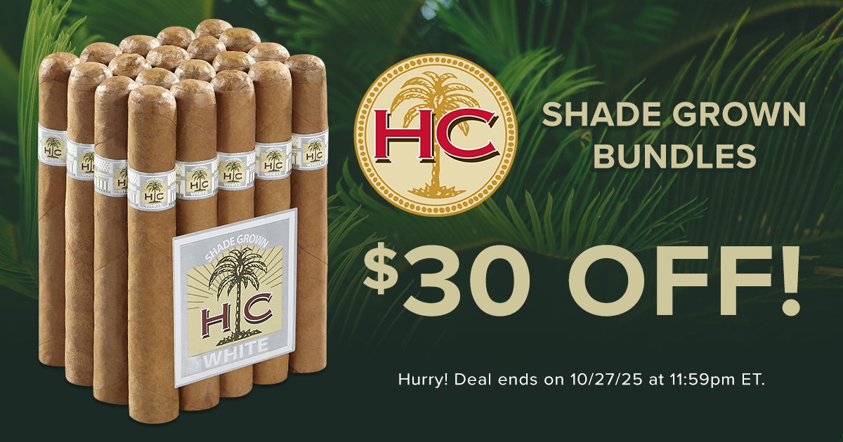 Last call! 💨 Save $30 on HC Series Shade Grown Bundles—smooth, medium-bodied cigars wrapped in Connecticut leaf and filled with aged Nicaraguan tobaccos. Enjoy notes of sweet cream, oak, and toffee. This deal ends TONIGHT at 11:59pm ET!
bit.ly/4aCXTK7