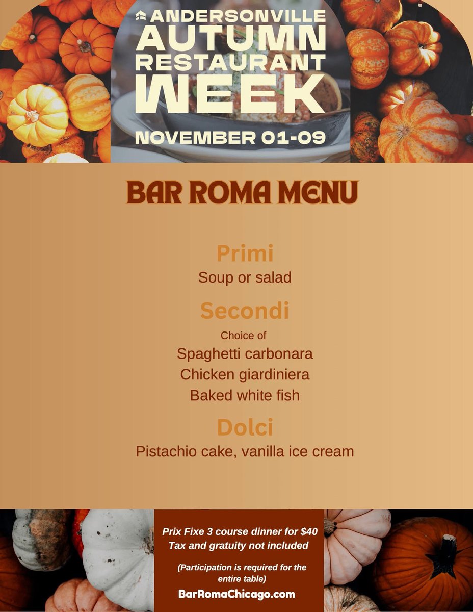 🍂 Andersonville Autumn Restaurant Week begins this weekend! Chef Fred Ramos’ three course prix fixe menu will be available for $40 per person from November 1-9. Book your table at BarRomaChicago.com 

#avilleeats #barromachicago #avilleautumnrestaurantweek <a href="/avillechamber/">Andersonville Chamber</a>
