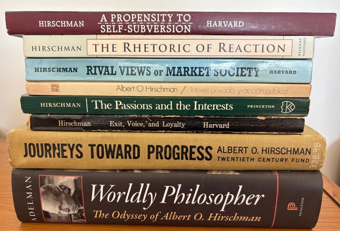 Reading Albert Hirschman

Hirschman is one of the economists I keep going back to. His way of thinking, of tackling intellectual problems, is really inspiring.

These are some of the books by and on Hirschman I keep close to hand.👇