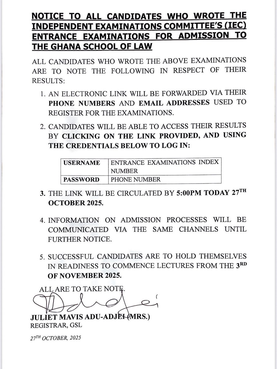 gslaw_official's tweet image. 📢 NOTICE TO ALL CANDIDATES
who wrote the Independent Examinations Committee (IEC) Entrance Examinations for admission to the Ghana School of Law (GSL).

Kindly take note of important updates regarding the examination results and admission process.

#GSL #IEC #LegalEducation #Law